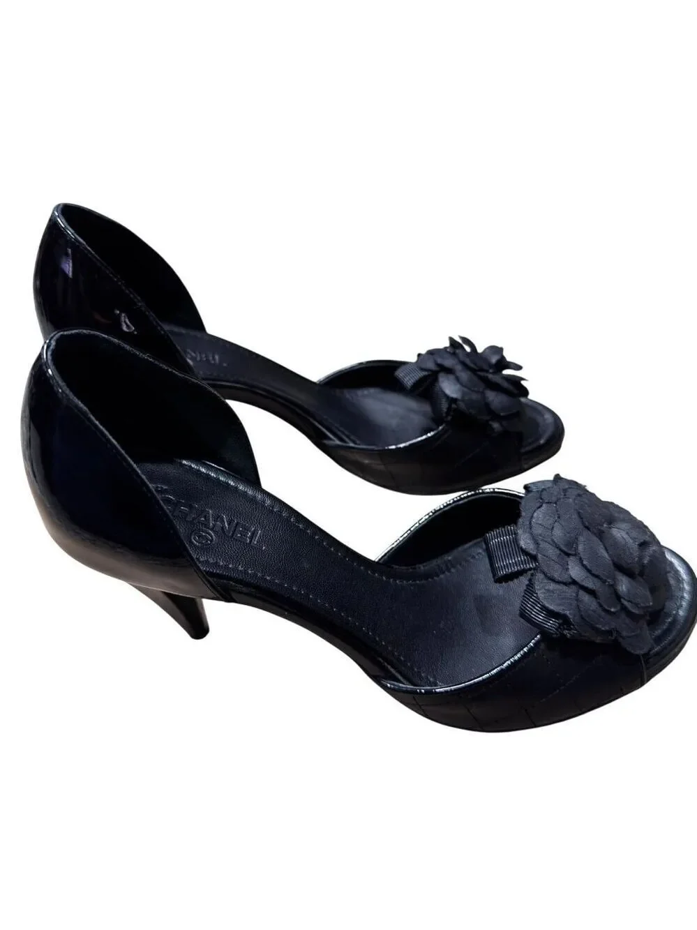 Chanel Black Quilted D'Orsay Peep Toe Flower Pumps EU 37.5 MSRP $1,195
